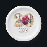 Plato De Papel Tipografía floral roja borgoñona cumpleaños 20<br><div class="desc">Flores rojas de Borgoña números de purpurina de oro placas de papel de cumpleaños</div>