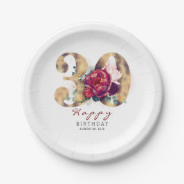 Plato De Papel Tipografía floral roja borgoñona cumpleaños 30