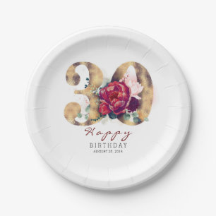 Plato De Papel Tipografía floral roja borgoñona cumpleaños 30