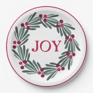 Plato De Papel Tipografía "JOY" Holly Berry Wreath Red