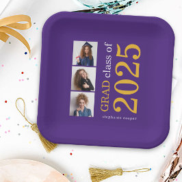 Plato De Papel Tipografía moderna 3 fotos Graduación Purple 2025
