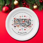 Plato De Papel Tipografía navideña de Feliz<br><div class="desc">Feliz Navidad con un divertido tipo de letra está rodeado de adorables artículos de vacaciones en estos extravagantes platos de papel. COINCIDIENDO elementos de nuestra colección.</div>