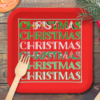 Plato De Papel Tipografía Retro de Navidad Rojo Verde