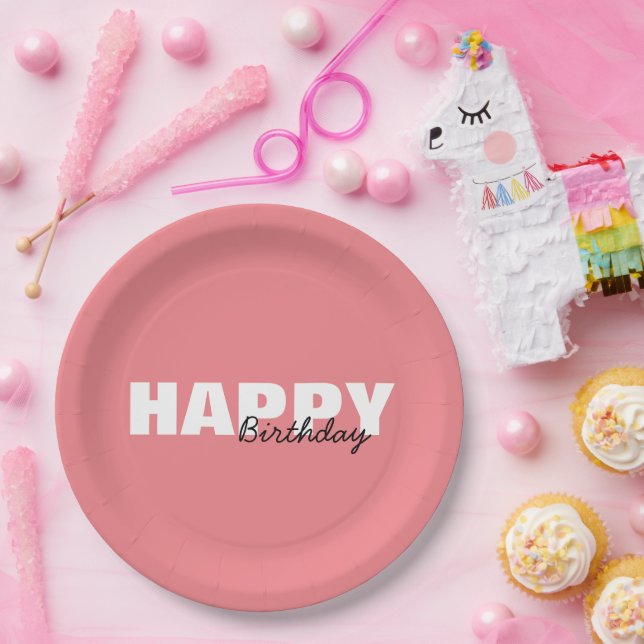 Plato De Papel Tipografía rosa moderna Feliz cumpleaños (Fiesta)