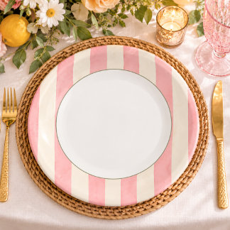 Plato De Papel Tira de toldo de color rosa y crema a la acuarela