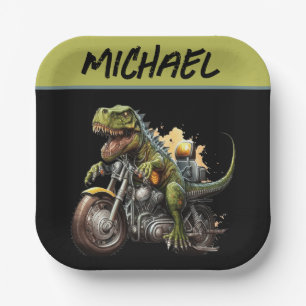 Plato De Papel Tirannosauro Rex Dinosaurio en motocicleta
