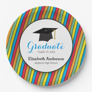 Plato De Papel Tiras coloridas y graduación personalizada Gorra