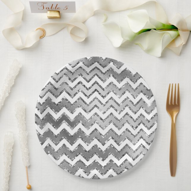 Plato De Papel Tiras de Zigzag Blanco Glam Silver (Boda)