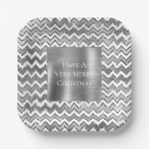 Plato De Papel Tiras de Zigzag Blanco Glam Silver