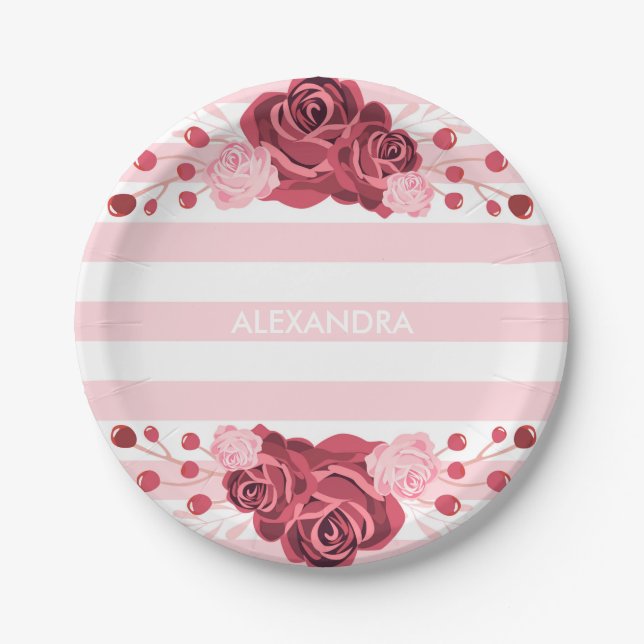 Plato De Papel Tiras florales Rosas (Anverso)