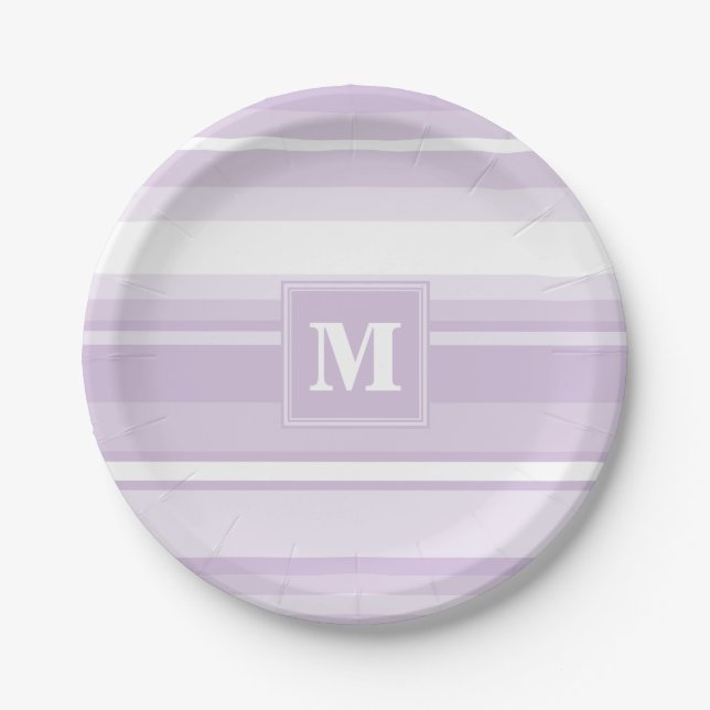 Plato De Papel Tiras moradas monogramo (Anverso)