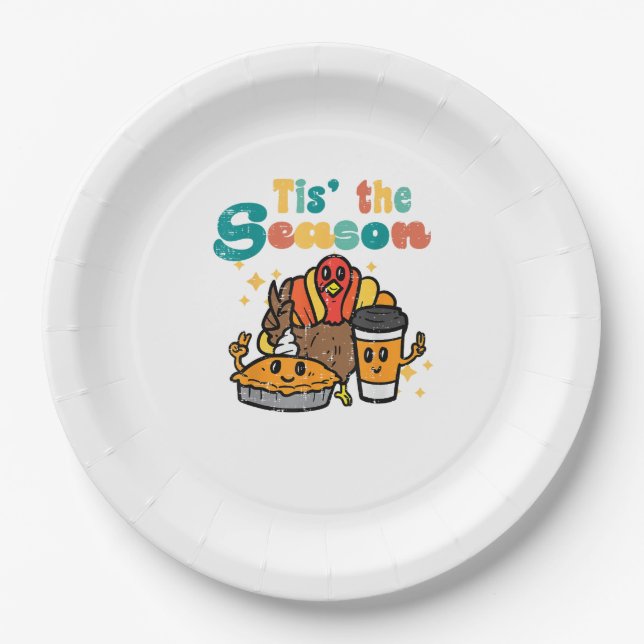 Plato De Papel Tis The Season Turkey Coffee Retro Thanksgiving Fa (Anverso)