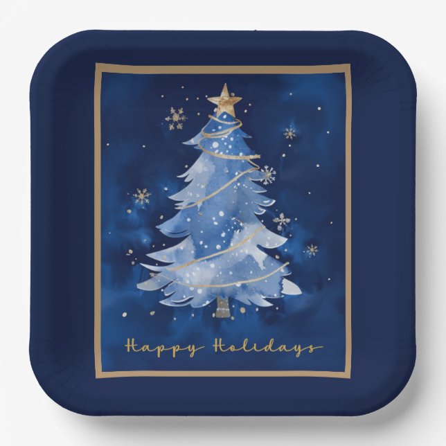 Plato De Papel Title: Happy Holidays Elegant Navy Gold Christmas  (Anverso)