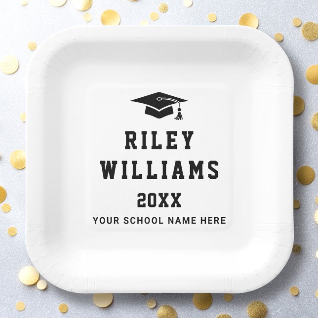 Plato De Papel Título de la graduación tope año fuente deportiva  (Graduation cap name year college sports font white paper plates)
