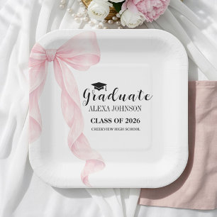 Plato De Papel Tocado de graduación elegante con lazo rosa Gradua