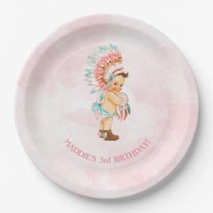 Plato De Papel Tocado Nativo de Bebé Niña Mocasin Rosa Aguamarina