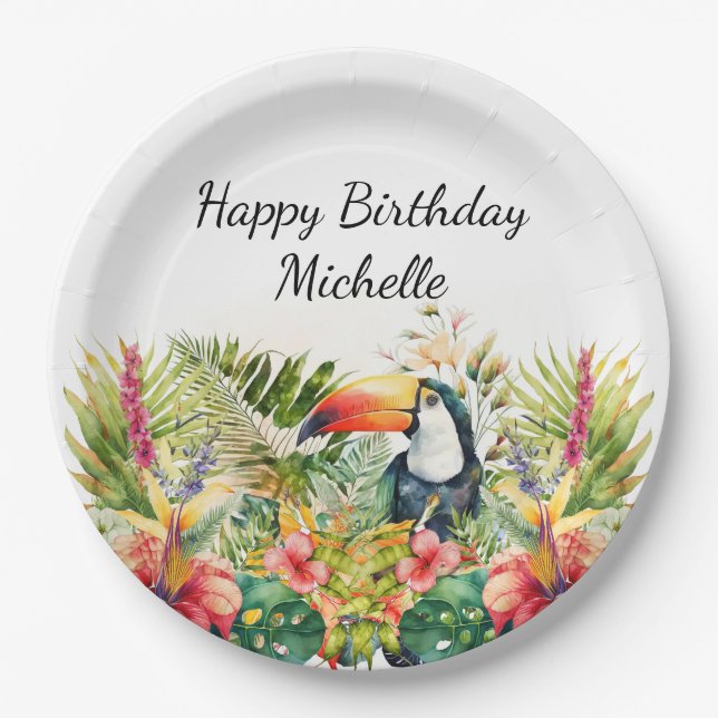 Plato De Papel Tocan Tropical Floral Happy Birday Name (Anverso)