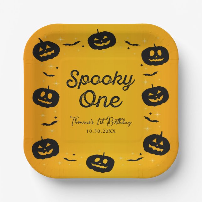 Plato De Papel Tocante Calabazas y batas de Halloween de un cumpl (Anverso)