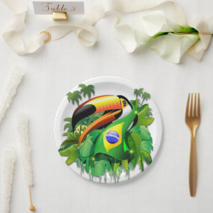 Plato De Papel Toco Toucan con bandera de Brasil