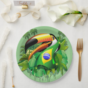 Plato De Papel Toco Toucan con la bandera de Brasil