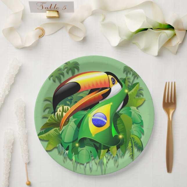 Plato De Papel Toco Toucan con la bandera de Brasil (Boda)