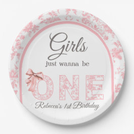Plato De Papel Toile Coquette Pink Bow Chica Primer Cumpleaños