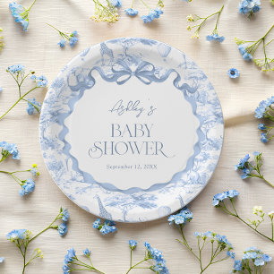 Plato De Papel Toile de Jouy Azul Animales Safari Baby shower