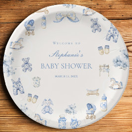 Plato De Papel Toile De Jouy Baby Shower Blue Bow Boy