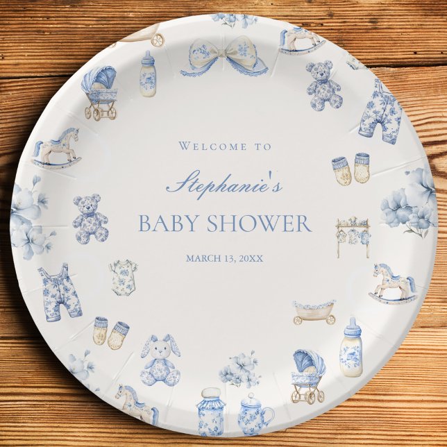 Plato De Papel Toile De Jouy Baby Shower Blue Bow Boy (Toile De Jouy Baby Shower Blue Bow Boy Paper Plates)