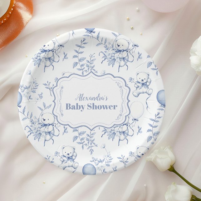 Plato De Papel Toile De Jouy Bear Baby Shower (Subido por el creador)