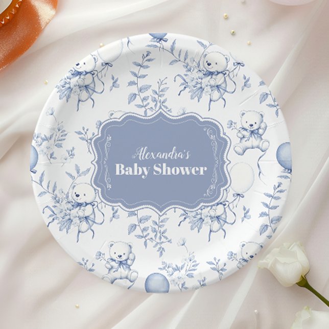 Plato De Papel Toile De Jouy Bear Baby Shower (Subido por el creador)