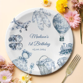 Plato De Papel Toile De Jouy Blue Birthday Party