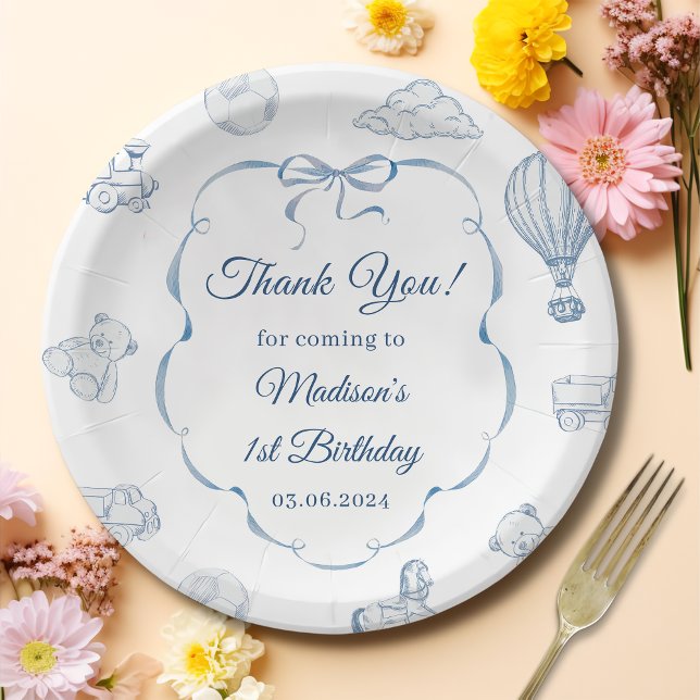 Plato De Papel Toile De Jouy Blue Bow Birthday Party (Subido por el creador)