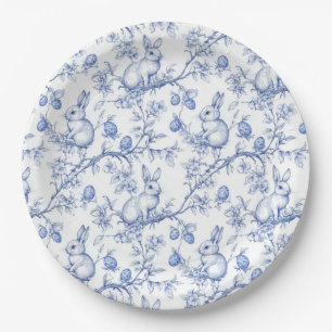 Plato De Papel Toile De Jouy Blue Easter Bunny