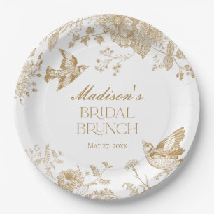 Plato De Papel Toile De Jouy Dorado Vintage Brunch Floral Nupcial