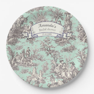 Plato De Papel Toile de Jouy floral gris menta vintage