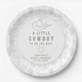 Plato De Papel Toile de Jouy Green Cowboy Baby Shower Occidental
