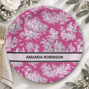 Plato De Papel Toile de jouy monograma floral rosa magenta vintag