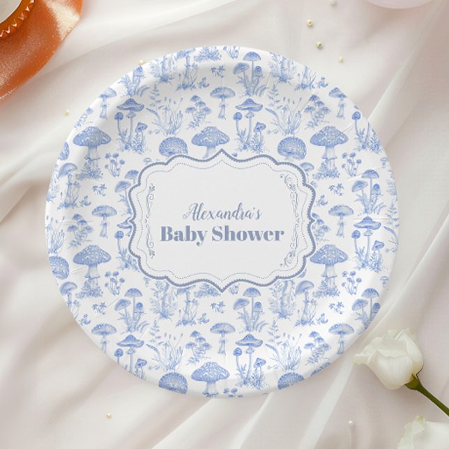 Plato De Papel Toile De Jouy Mushrooms Woodland Baby Shower (Subido por el creador)