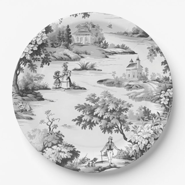 Plato De Papel Toile de jouy, negro y blanco, porcelana, (Anverso)