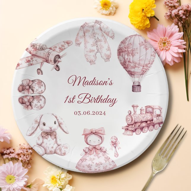 Plato De Papel Toile De Jouy Pink Birthday Party (Subido por el creador)