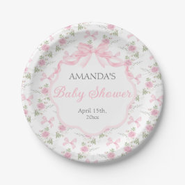 Plato De Papel Toile De Jouy Pink Bow Girl Baby Shower
