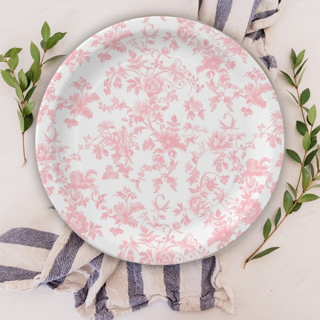 Plato De Papel Toile de Jouy Pink Bow Girl First 1st Birthday (Subido por el creador)