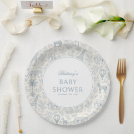 Plato De Papel Toile De Jouy Safari Animales Blue Boy Baby Shower