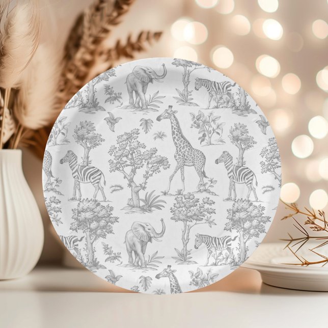Plato De Papel Toile de Jouy Safari animales grises Ducha bebé (Subido por el creador)