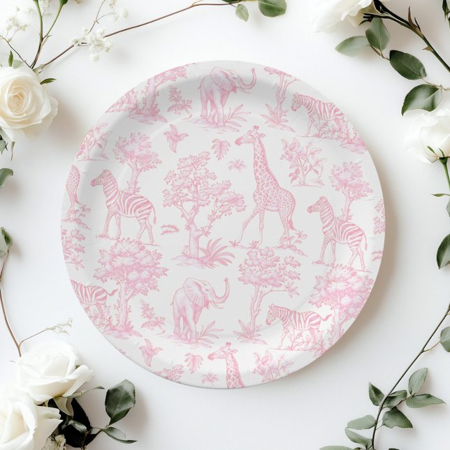 Plato De Papel Toile de Jouy Safari Pink Baby Ducha (Subido por el creador)