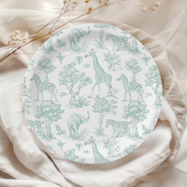 Plato De Papel Toile de Jouy Safari verde Ducha bebé