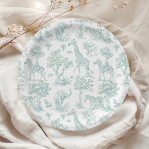 Plato De Papel Toile de Jouy Safari verde Ducha bebé