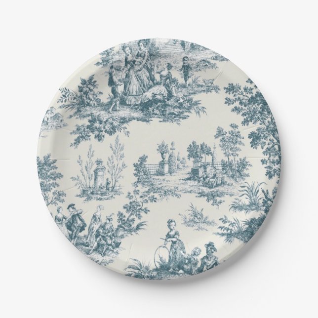 Plato De Papel Toile de jouy sage verde elegante (Anverso)