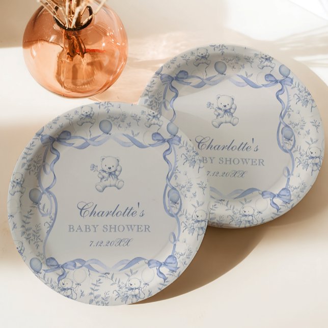 Plato De Papel Toile De Jouy Teddy Bear Blue Baby Shower (Subido por el creador)